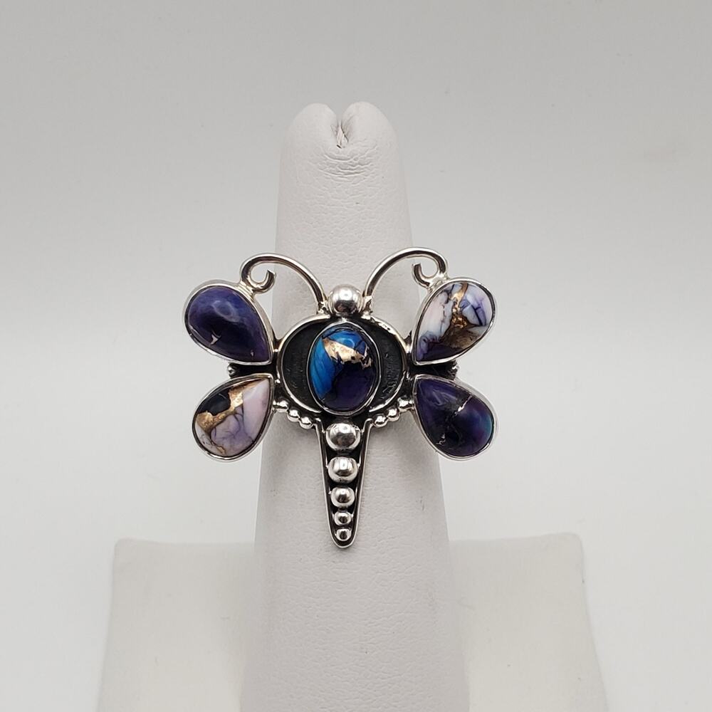 Purple Dahlia Turquoise Sterling 925 Southwestern Dragonfly Ring Size 6.5